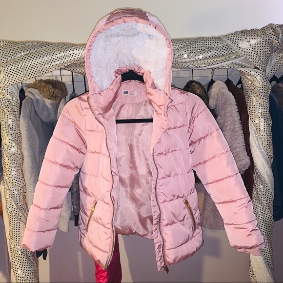 Pink Puffer Coat W Soft White Faux Fur 